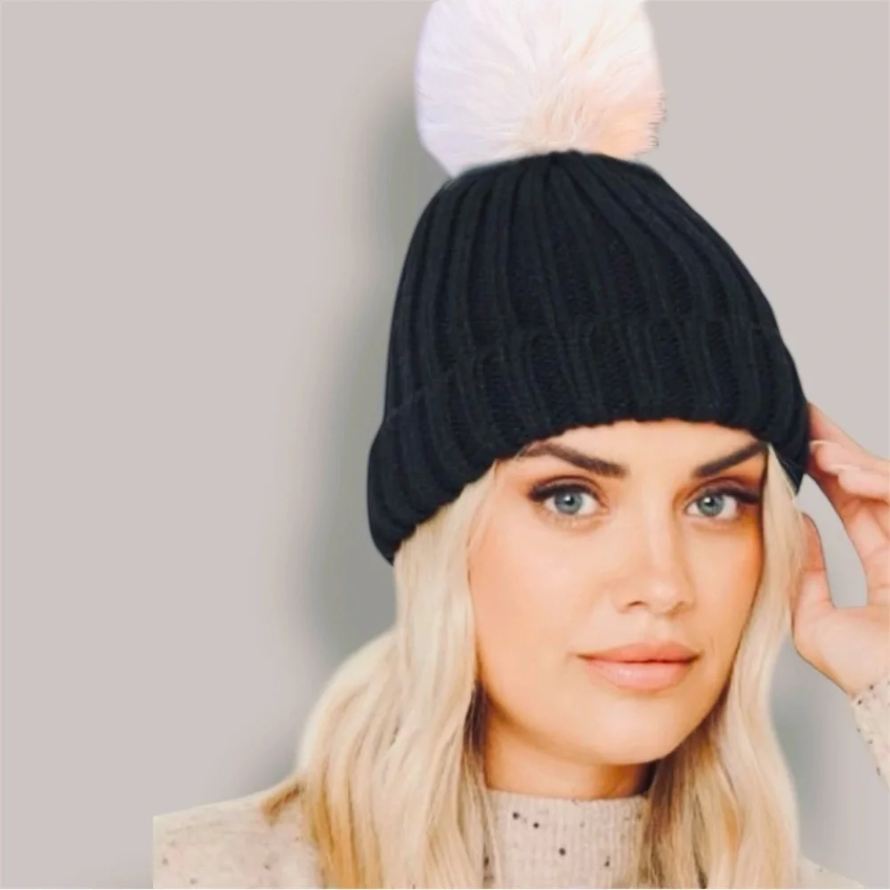 14th & UNION Black Beanie Hat w White Faux Fur Pom Pom Top
